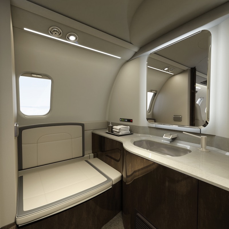 Jet privé Learjet 75, salle de bain blanche