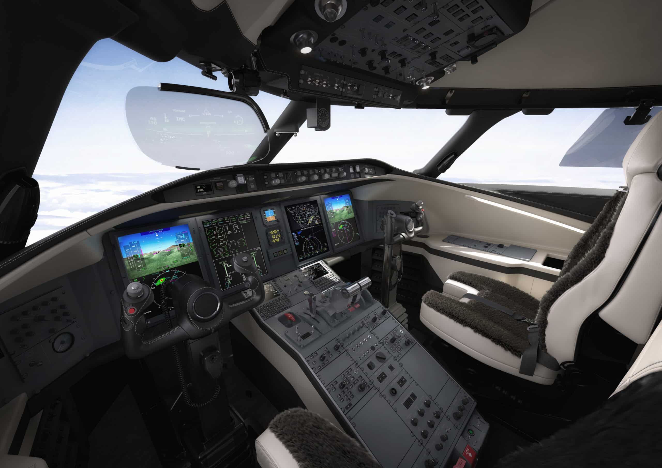 Location jet privé : cockpit moderne Challenger 650.