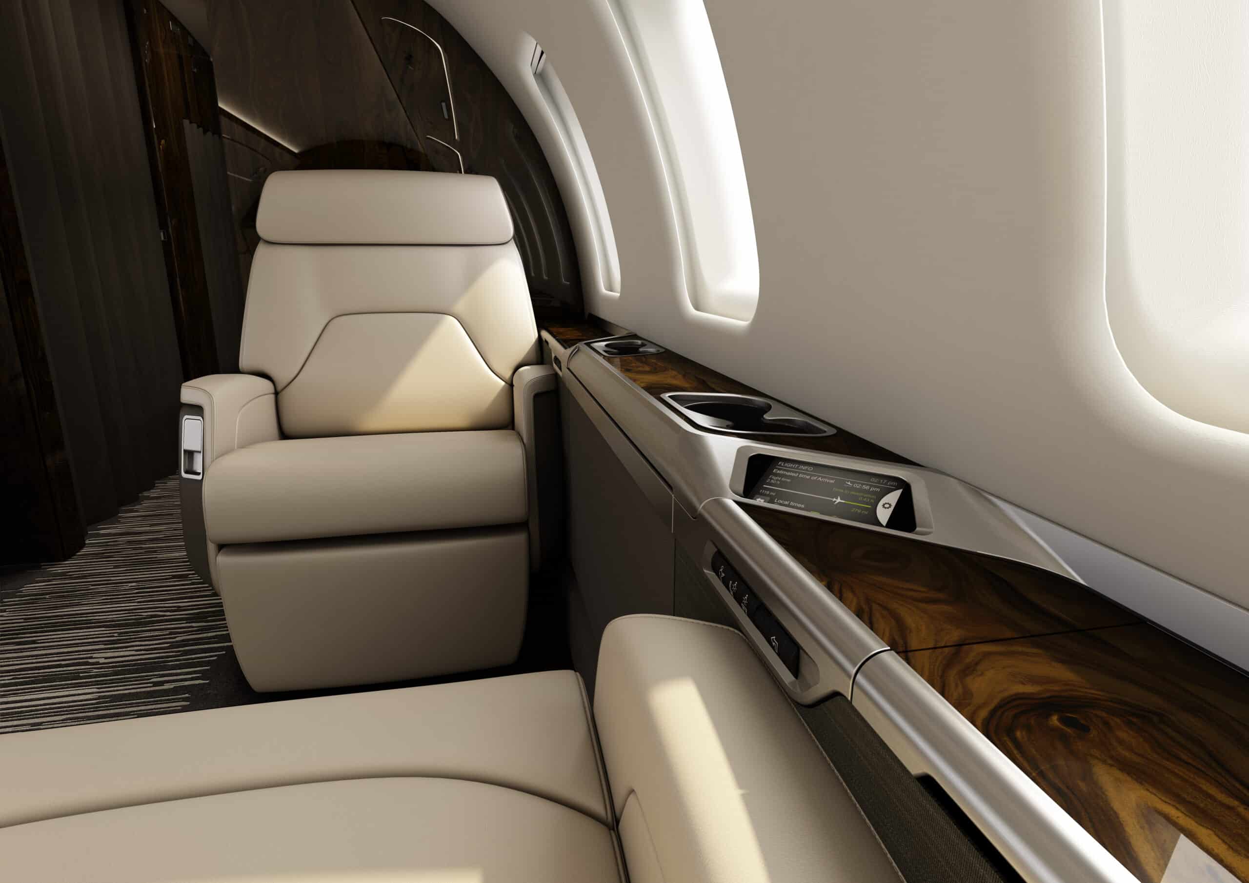 Intérieur luxueux du Challenger 650, cuir beige, accents de bois.