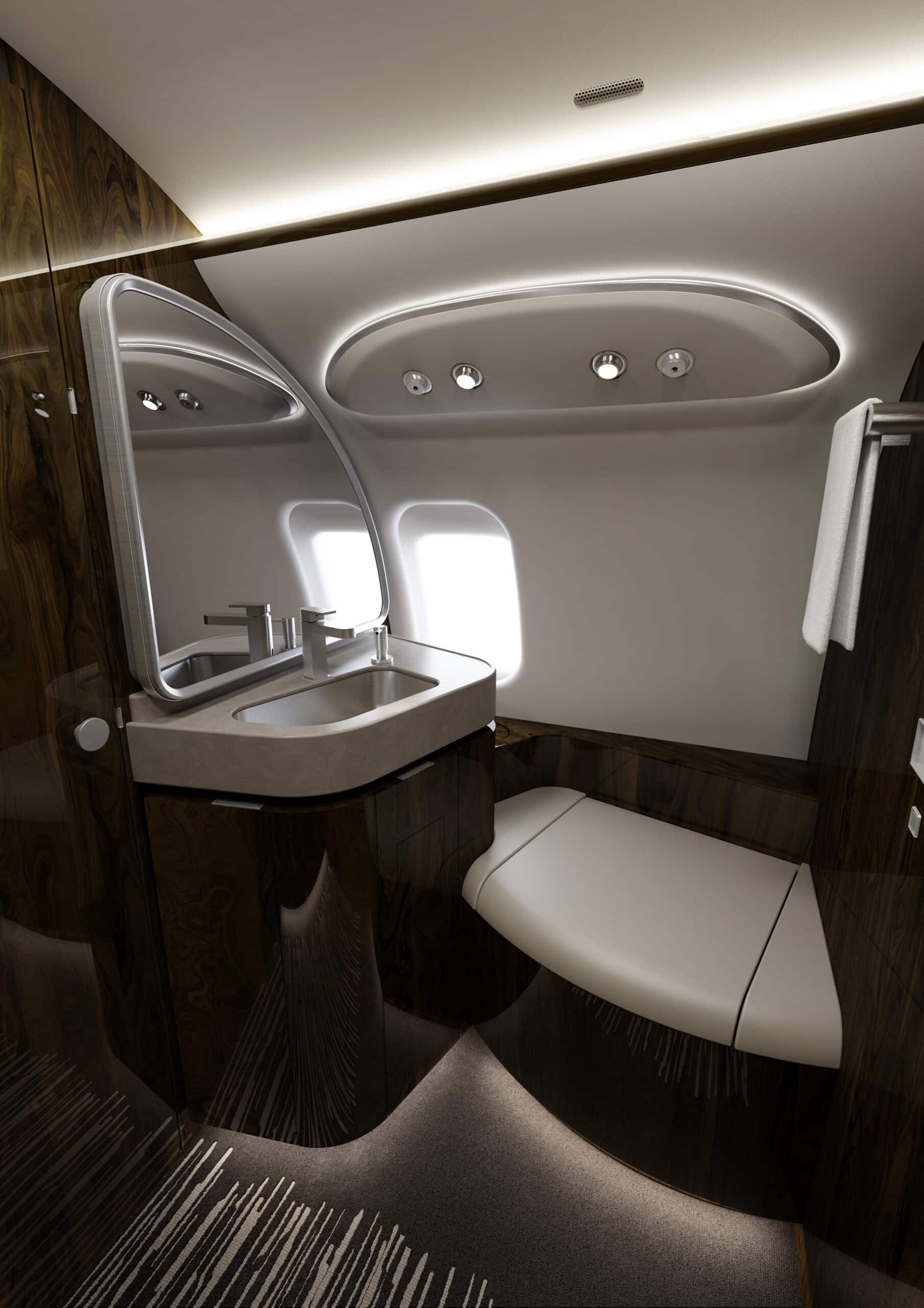 Salle de bain luxueuse Challenger 650 avec bois et éclairage.